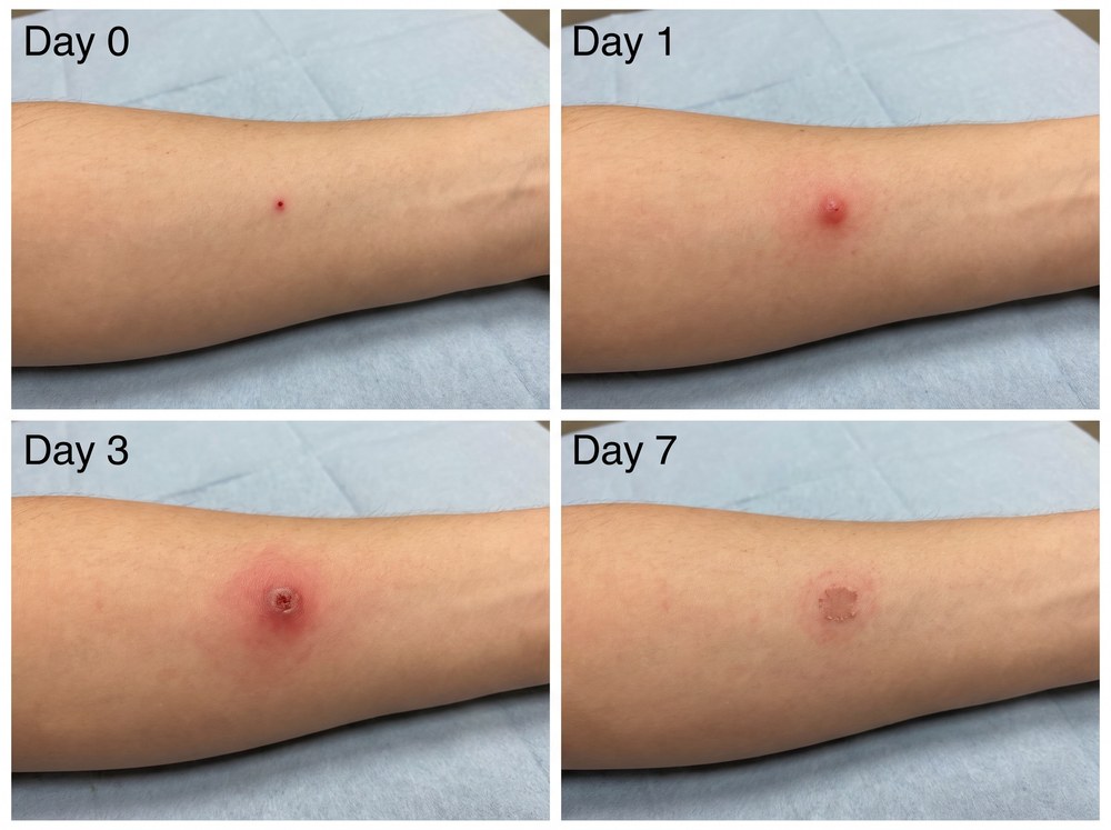 Four panel photo series showing a mild skin rash on day zero, day one, day three, and day seven as it fades after source removal